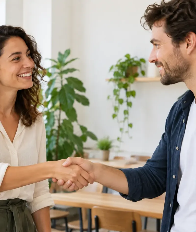 Two people smiling and shaking hands in a bright room with plants